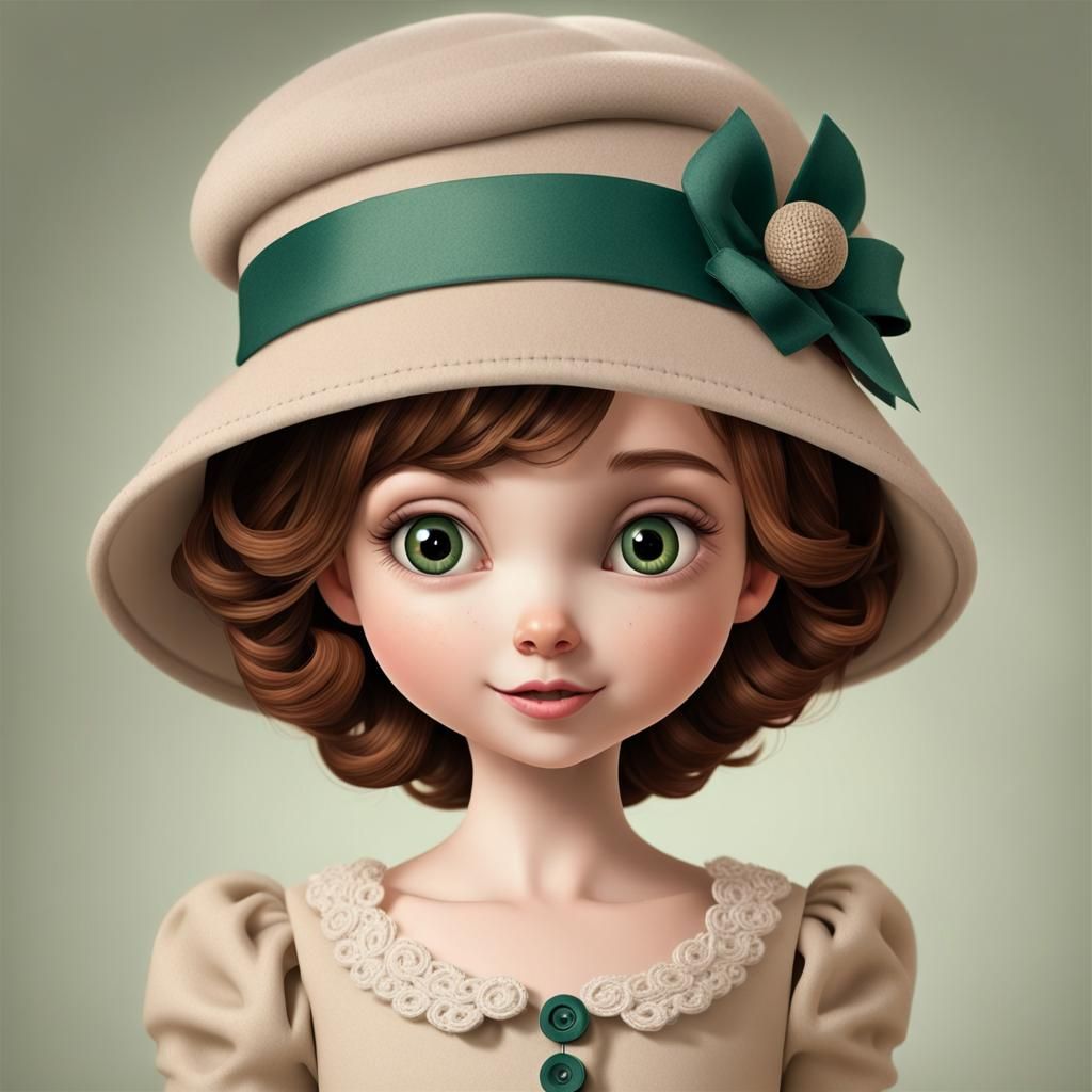 Cute Animated Doll with Green Eyes in Pixar Style