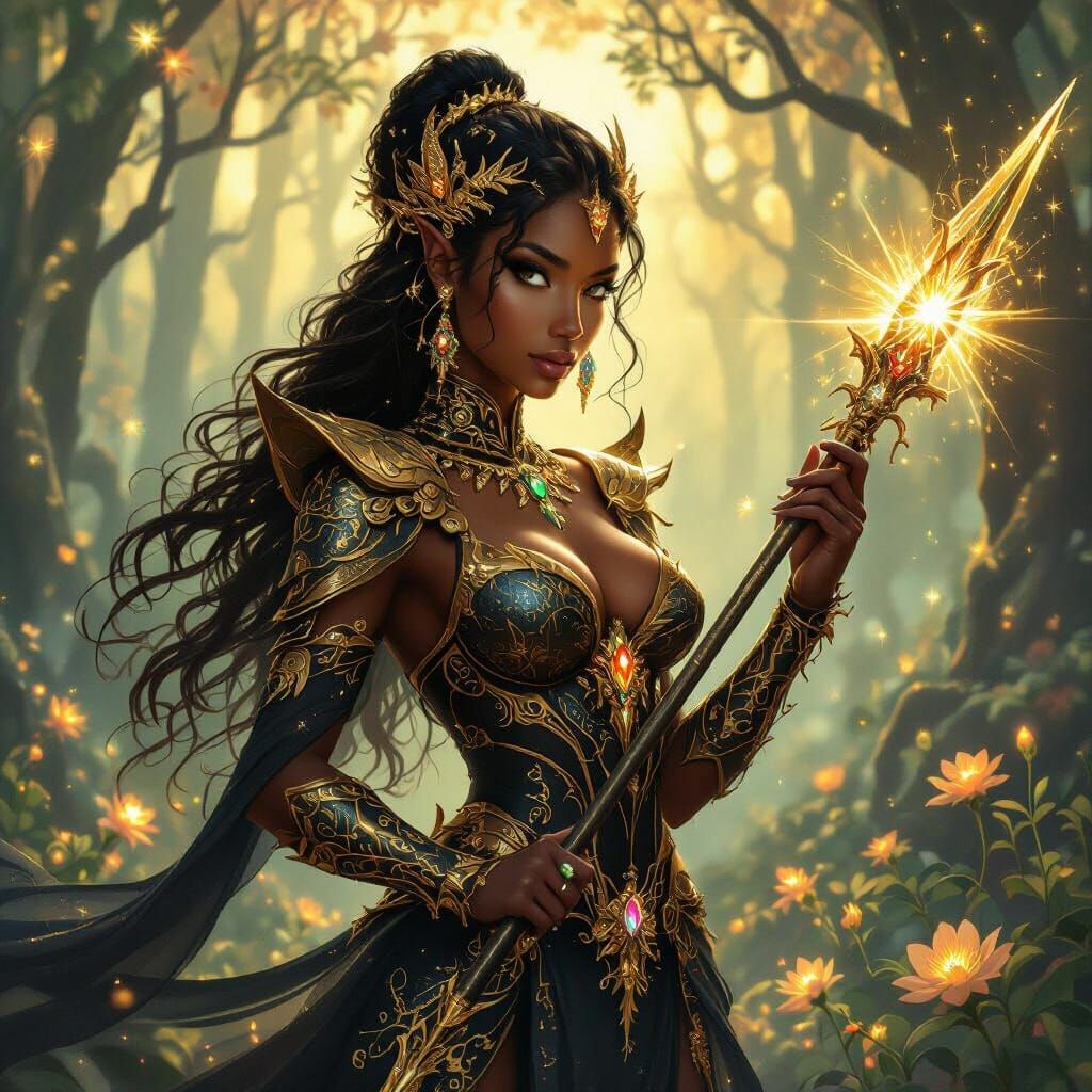 Feminine Black Warrior with Jeweled Spear in Fairy-Core Fore...