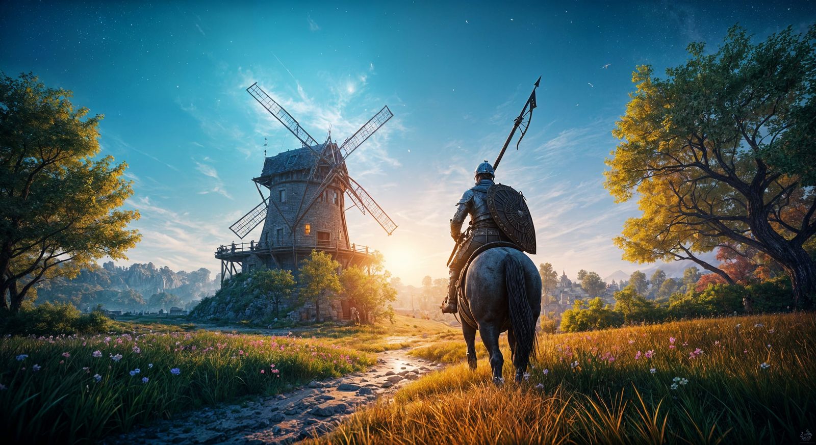 Knight Rides to Windmill: Hyperrealistic Watercolor Art