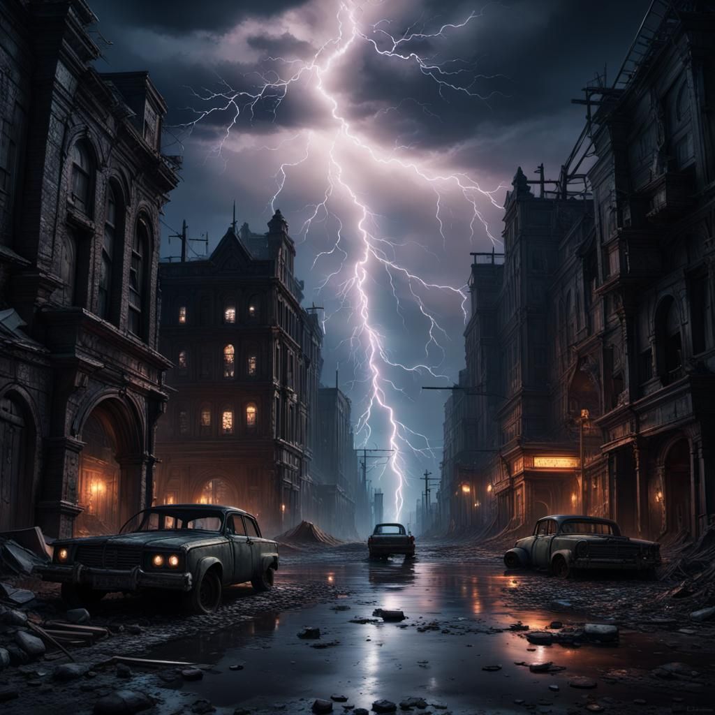 Gothic Abandoned City at Night with Lightning