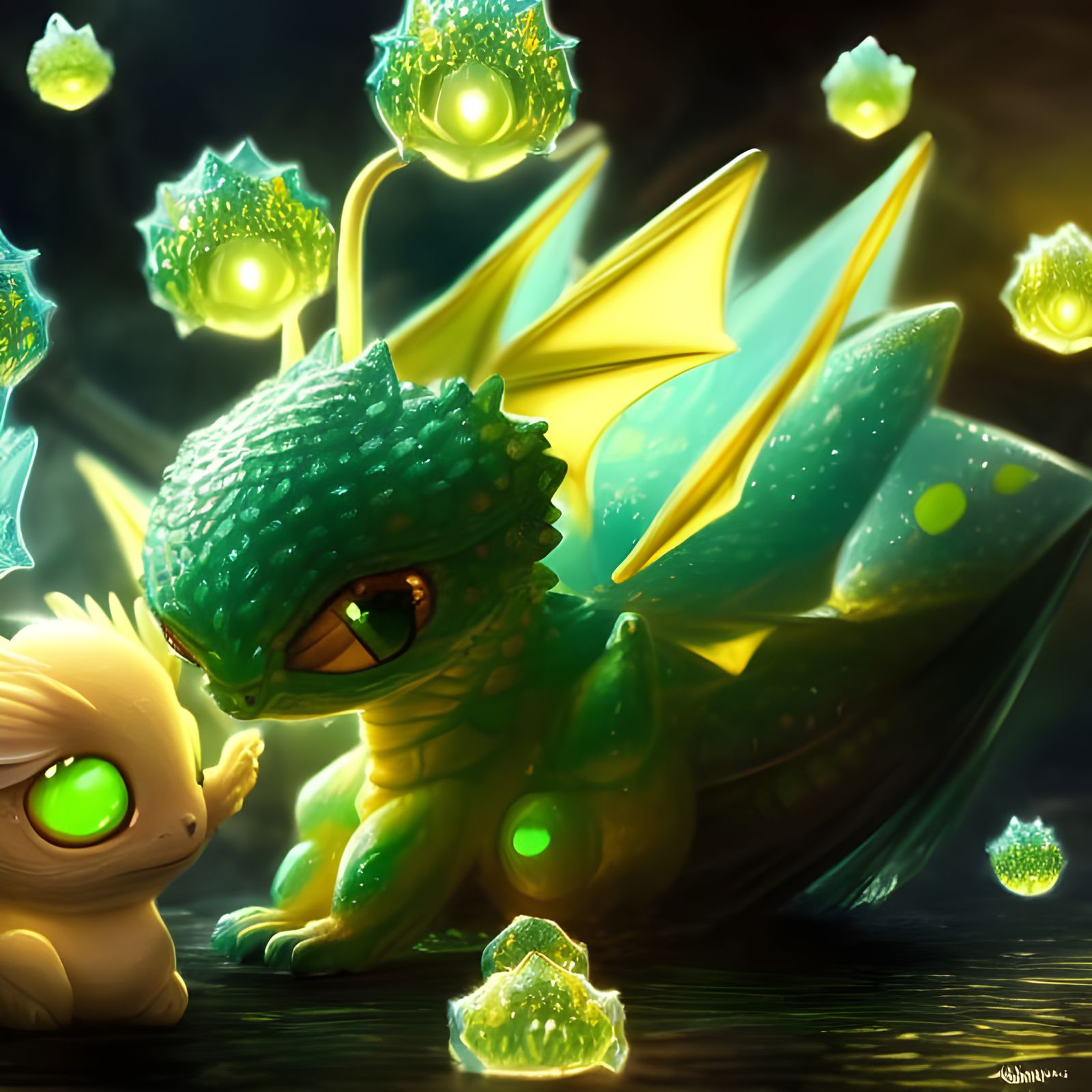 Cute Electric Dragon Guarding Candy, 3D Render