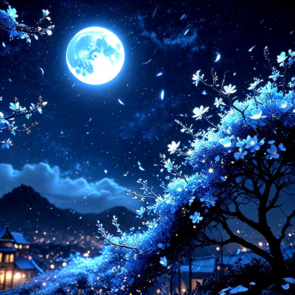 Blue Snow Flowers in Vibrant Anime Style