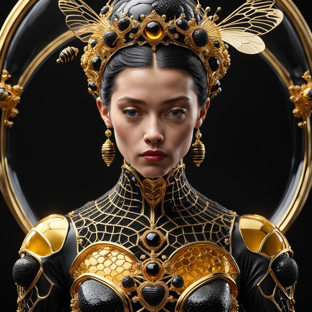 Bee Queen in Hive with Gold Geometry