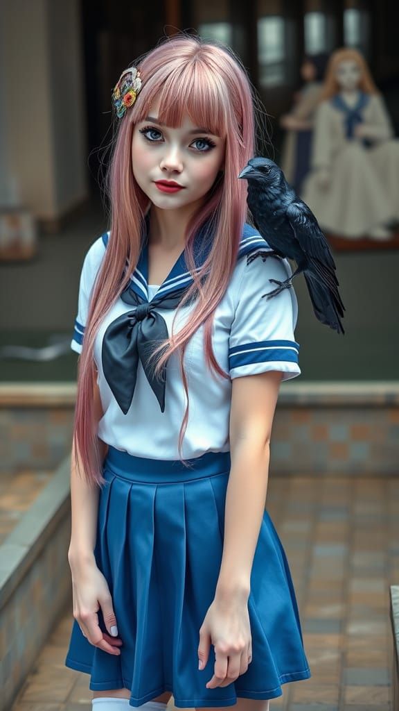 Hyperrealistic Selfie of Woman with Crow in Seifuku