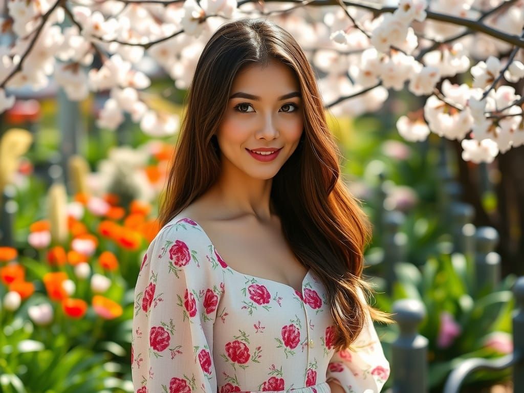 Elegant Woman in Spring Garden: Cinematic Portrait