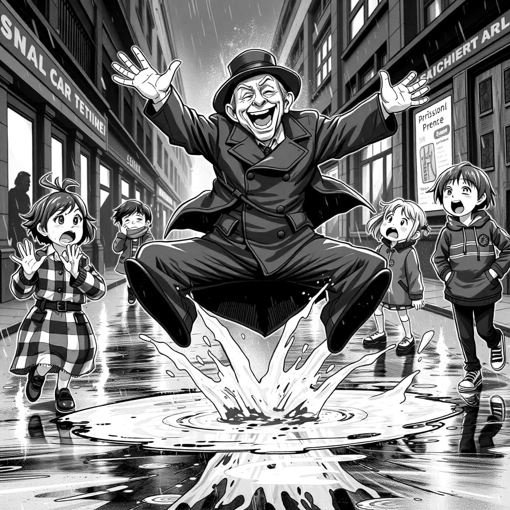 Old Man's Joyful Puddle Jump: A Black and White Comic