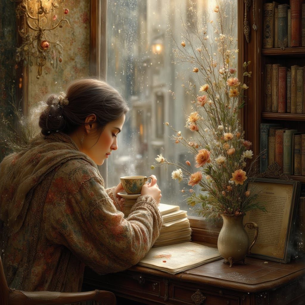 Cozy Bookstore Cafe on Rainy Afternoon