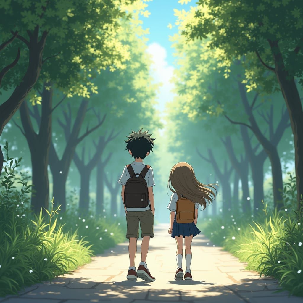Anime Scene of Teen Boy Walking on Quiet Path
