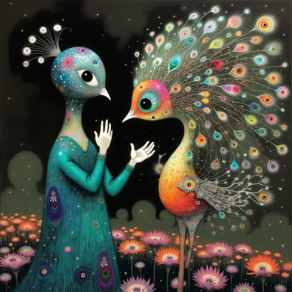 Vibrant Anime Style Peacock with Murano Glass Cat