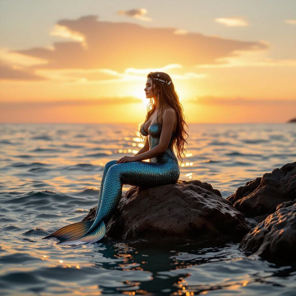 Plump Mermaid on Rock at Sunset, Hyperrealistic Digital Pain...
