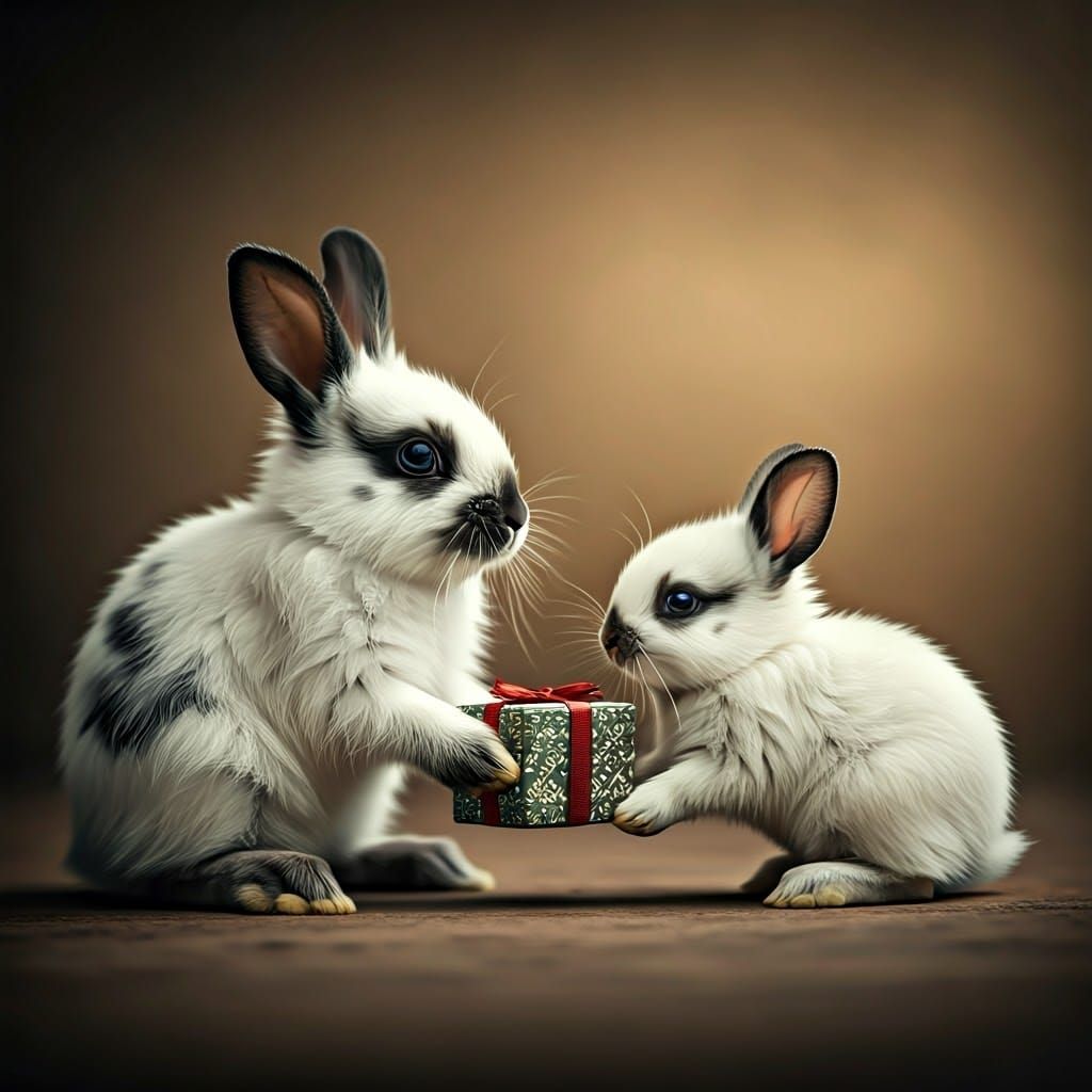 Two Adorable Rabbits Exchanging a Tiny Gift