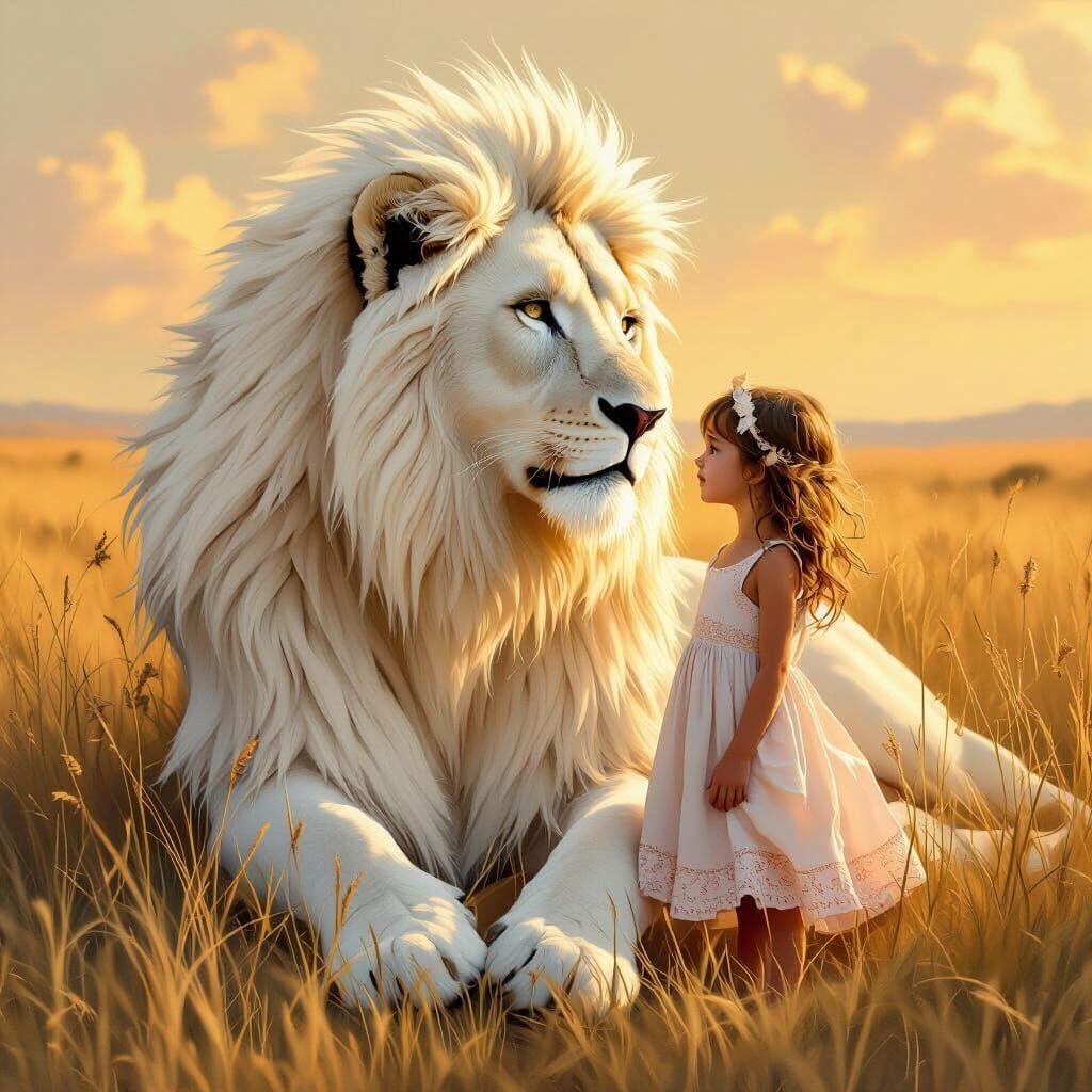 Lion and Girl in Golden Savannah Light