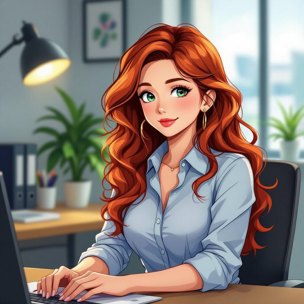 Anime Woman with Red Hair at Work, Cinematic Lighting