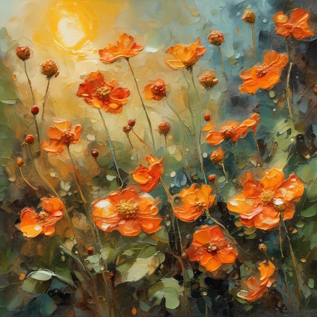 Sage Green  Splatter Wash, Golden Sunrays, Bundled Realistic 3d Tangerine Geum Flowers, 3d Shading, Alcohol Ink Transluc...