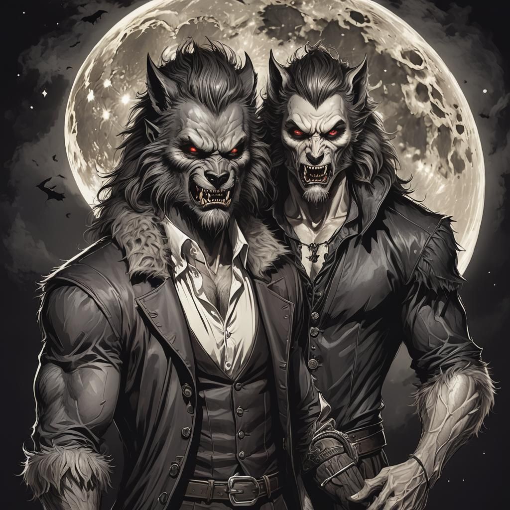Werewolf and Vampire Under Full Moon