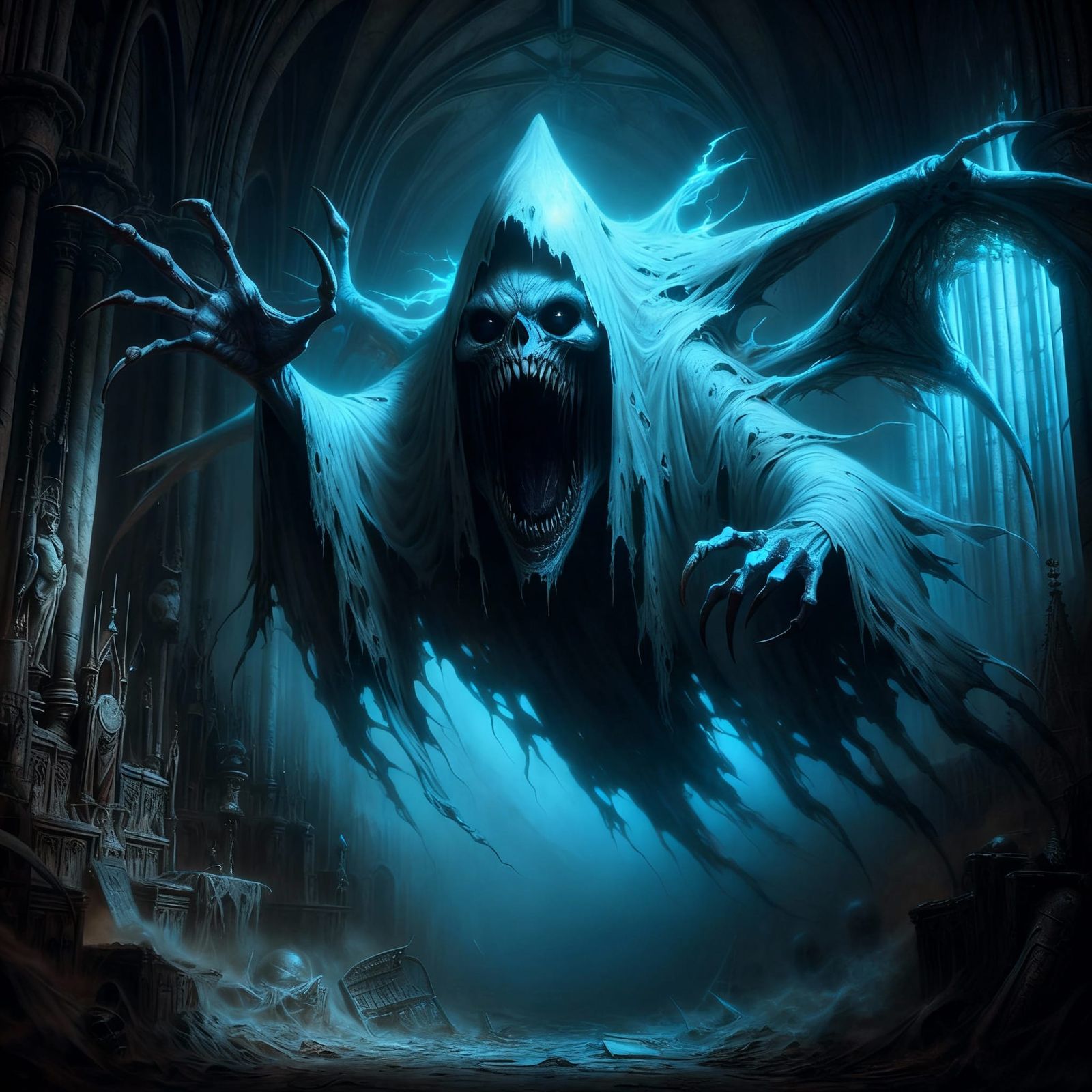 Ghostly Specter Haunts Abandoned Gothic Cathedral