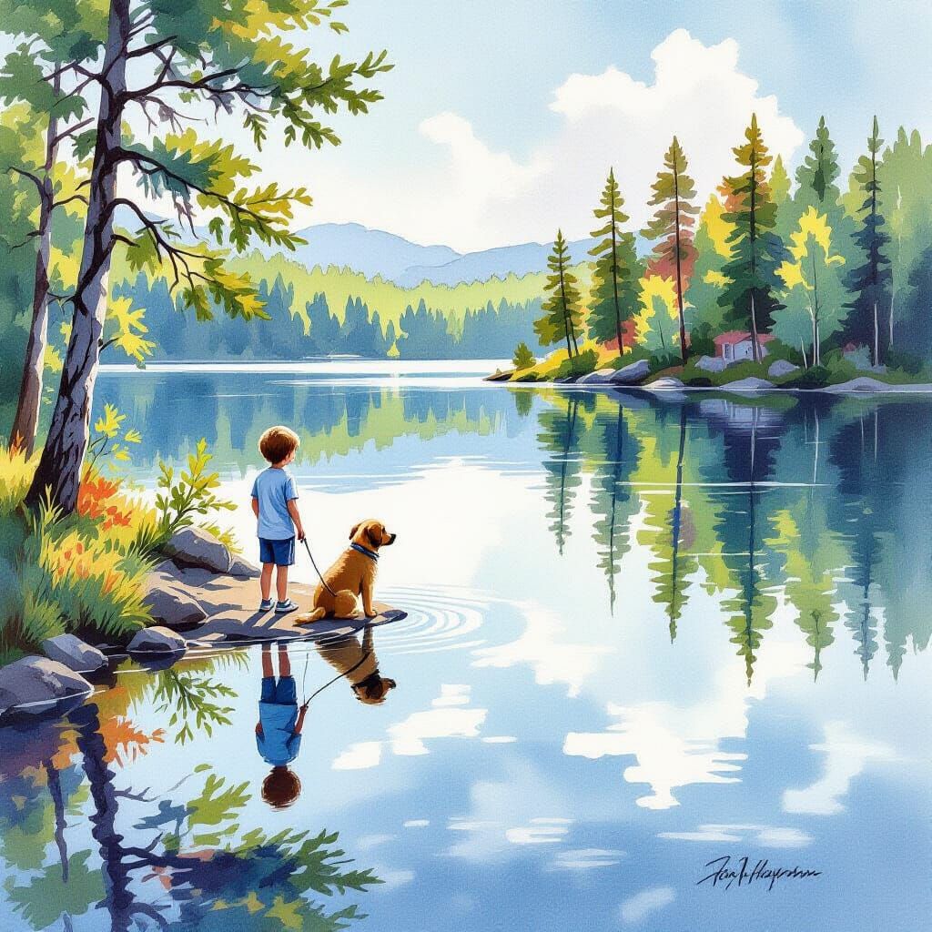 Crystal Lake Reflecting Child and Dog: Watercolor Style