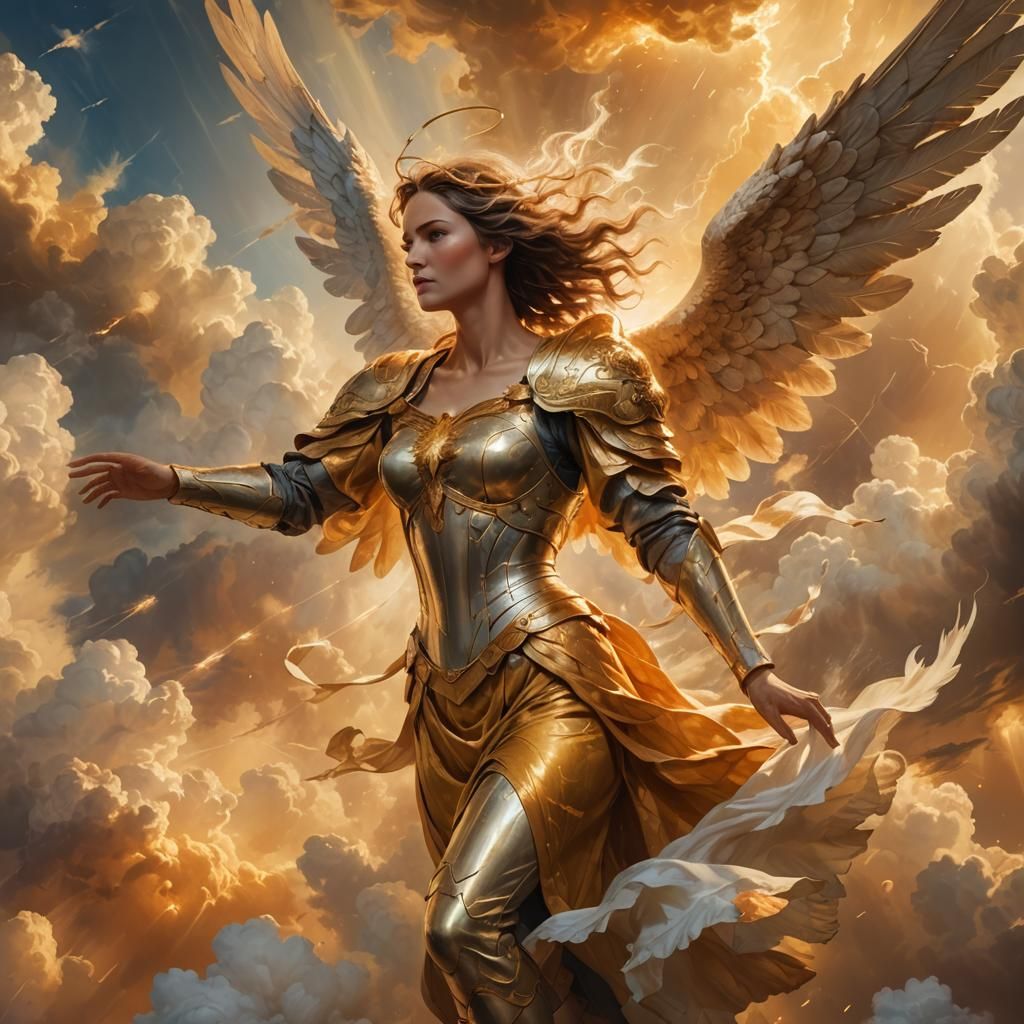 Female Archangel in Flight: Warm Oil Painting