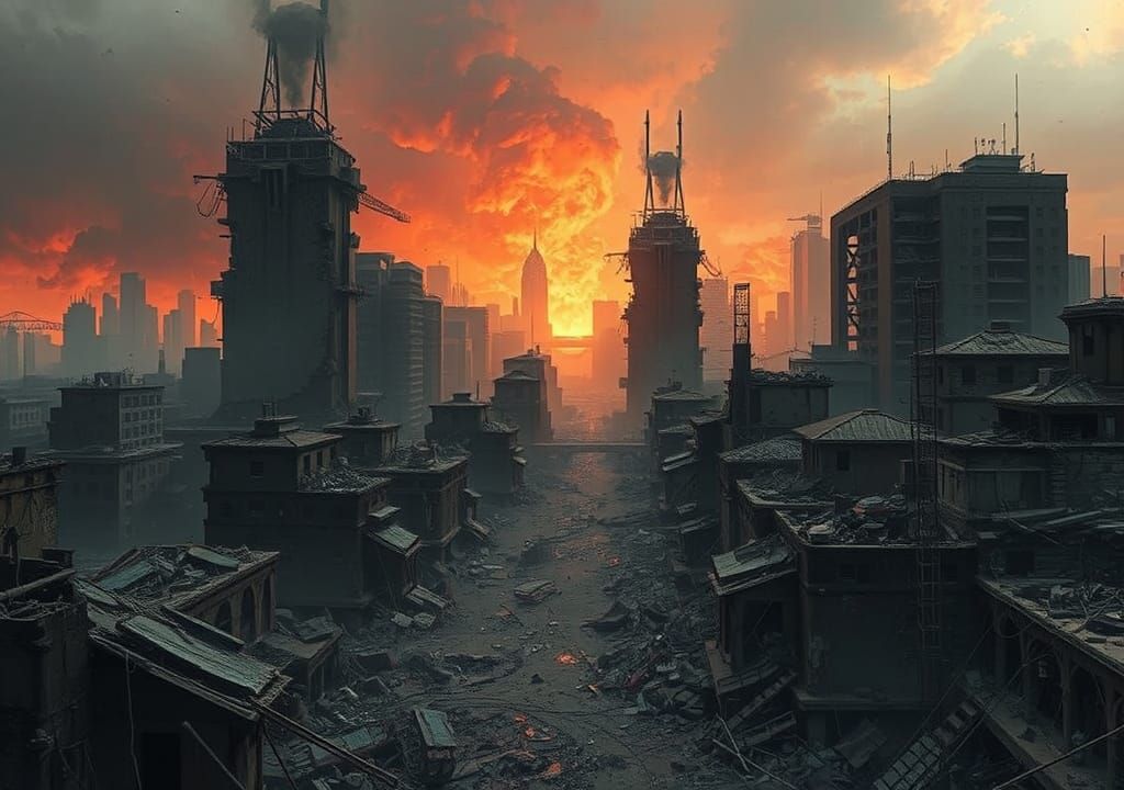 Apocalyptic Cityscape in Ruins: A Dystopian Vision