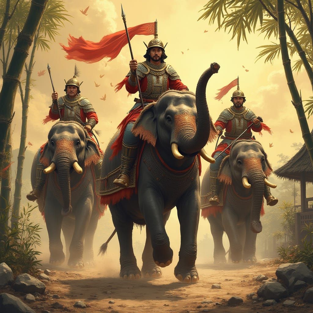 Vietnamese Brothers Ride War Elephants in Manga Style