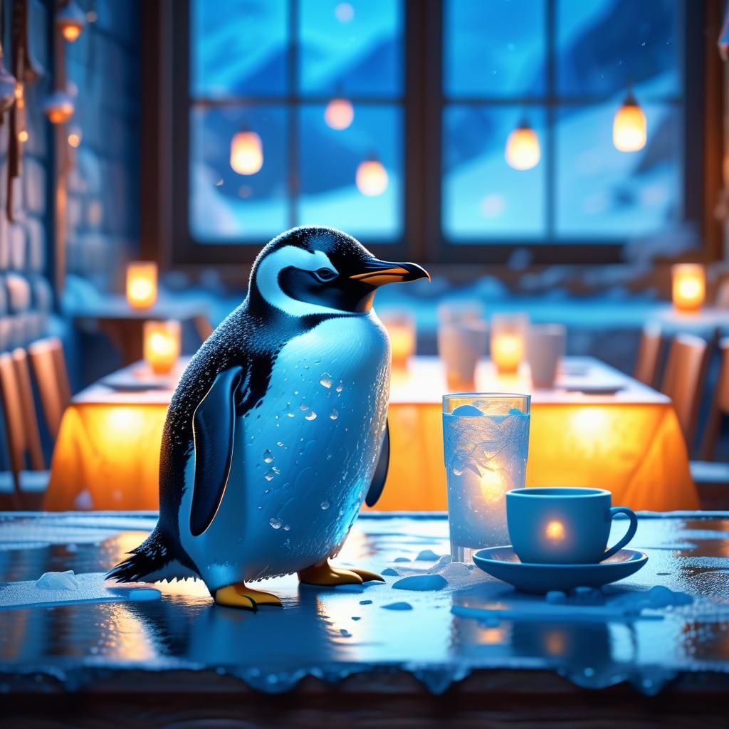 Penguin in Ice Cafe: Whimsical Fantasy Concept Art