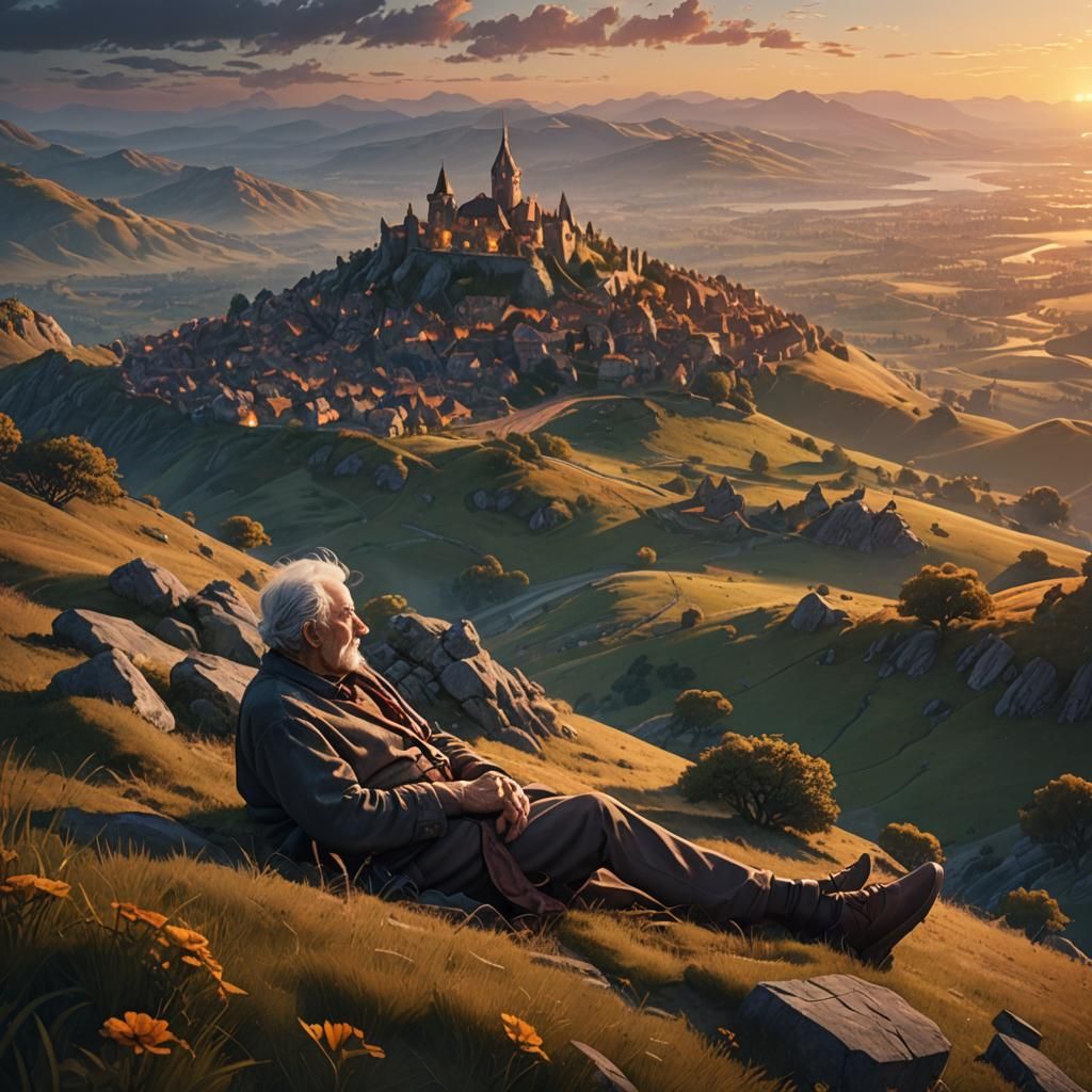 Sunset Silhouette: Detailed Matte Painting of Elderly Person