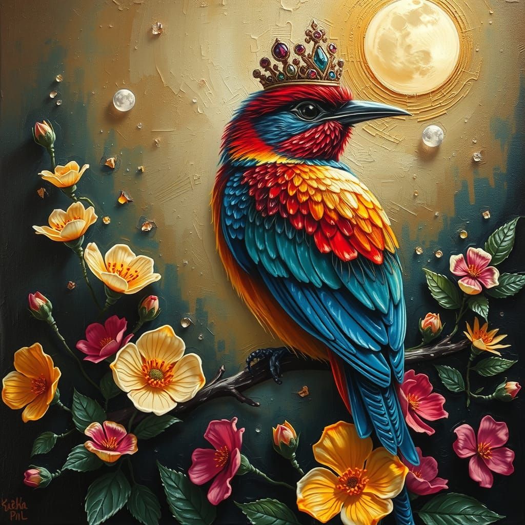 Jeweled Bird on Flowering Branch: Impasto Oil Painting