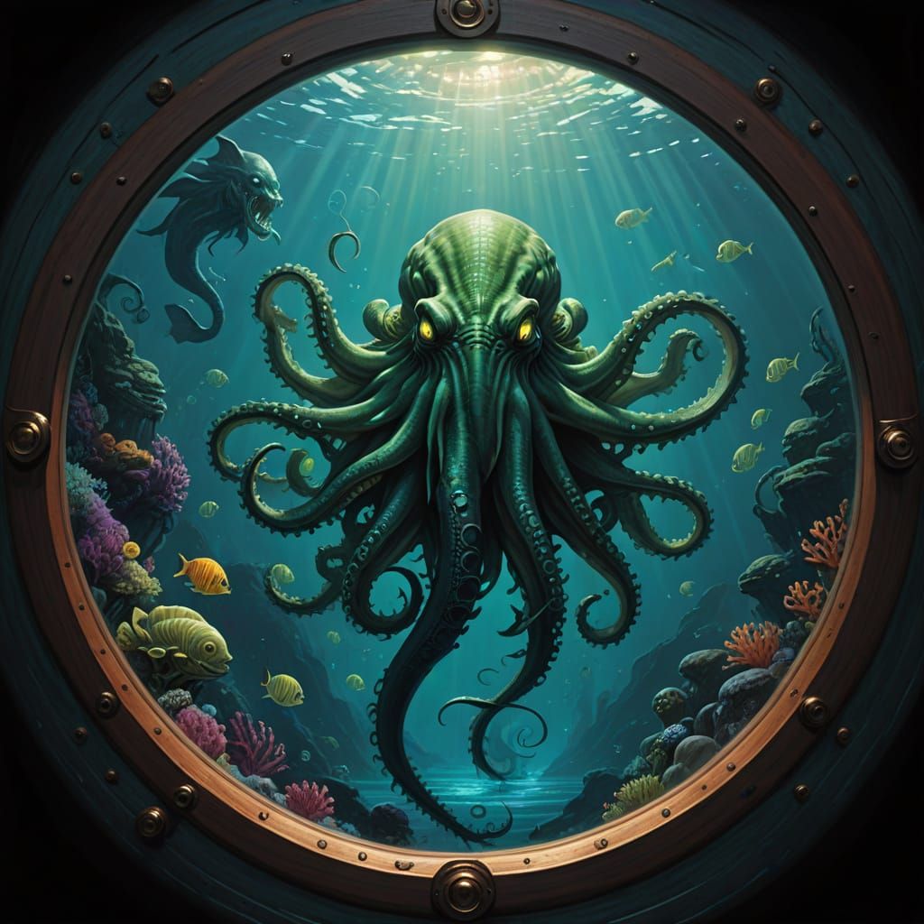 Surreal Nautilus Scene Depicts Cthulhu Dancing with a Mermai...