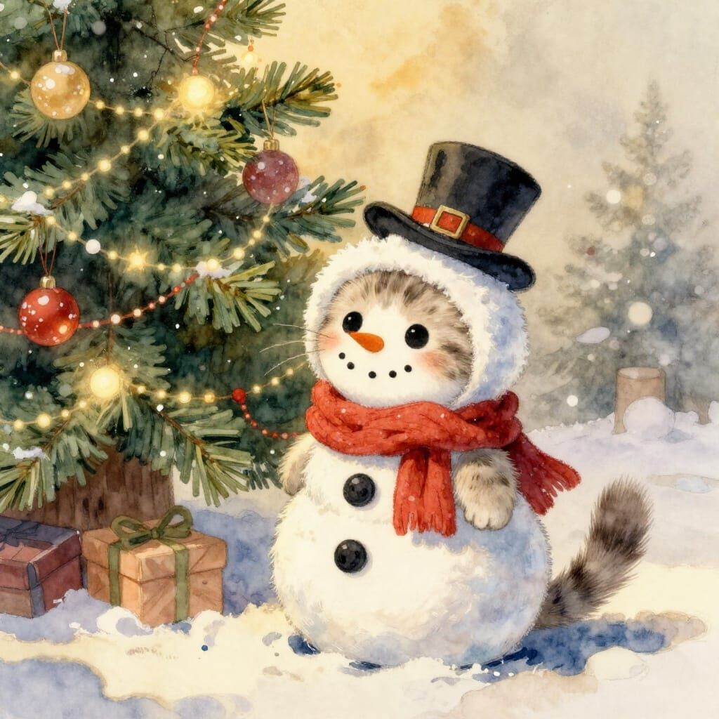 Adorable Kitten in Snowman Costume by Christmas Tree
