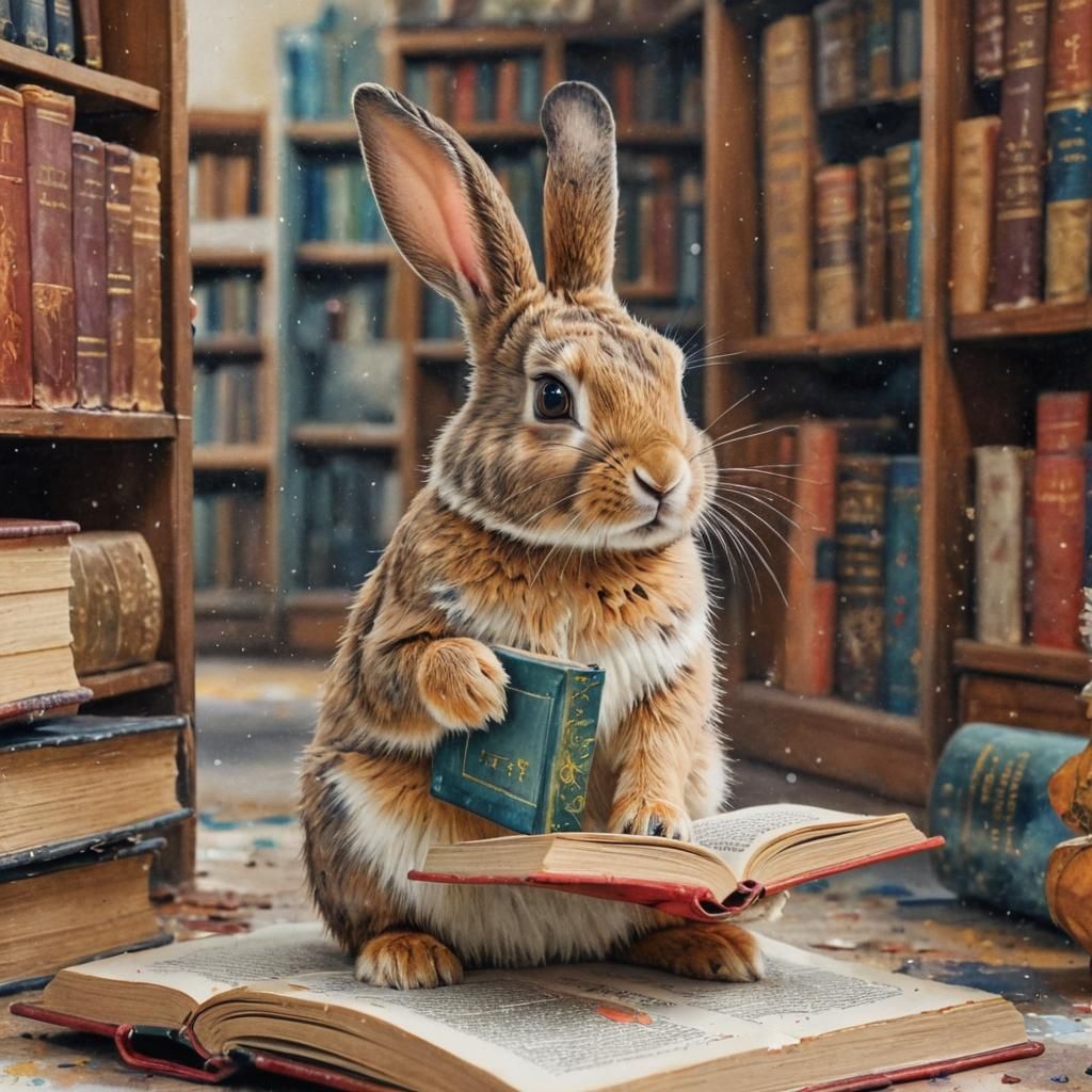 Rabbit Reads in Library: Watercolor Art