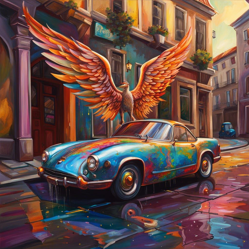 A whimsical luxury car parking in an old town street ,splash...