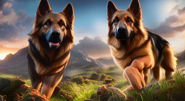 German Shepherds in 3D Game Cinematic Style