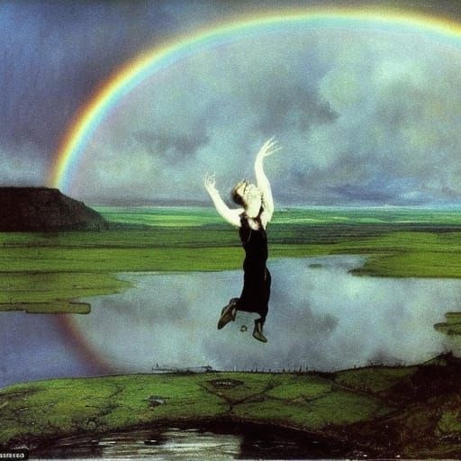 Surreal Rainbow Landscape with Menacing Grasshopper