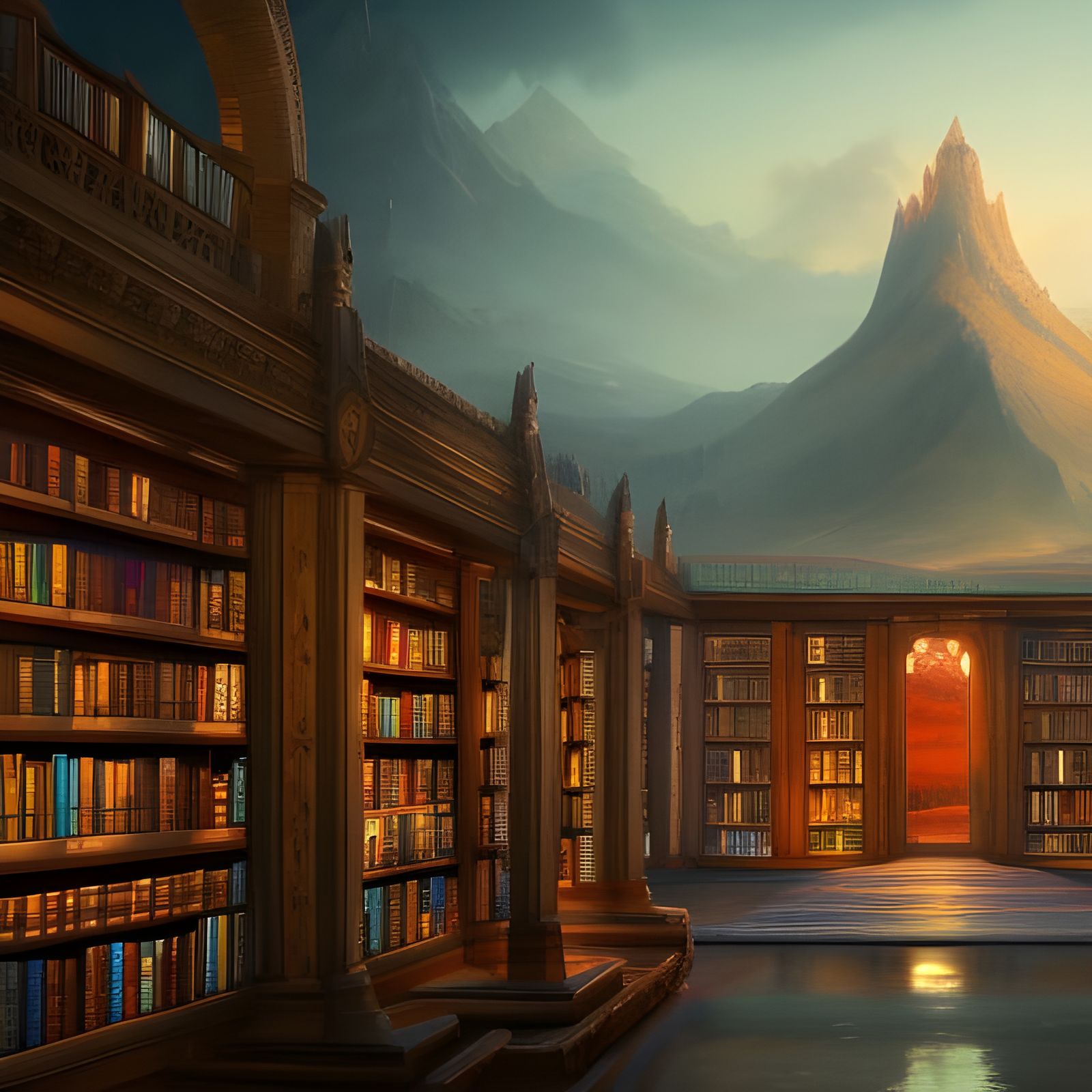 Grand Library with a View in Detailed Matte Painting