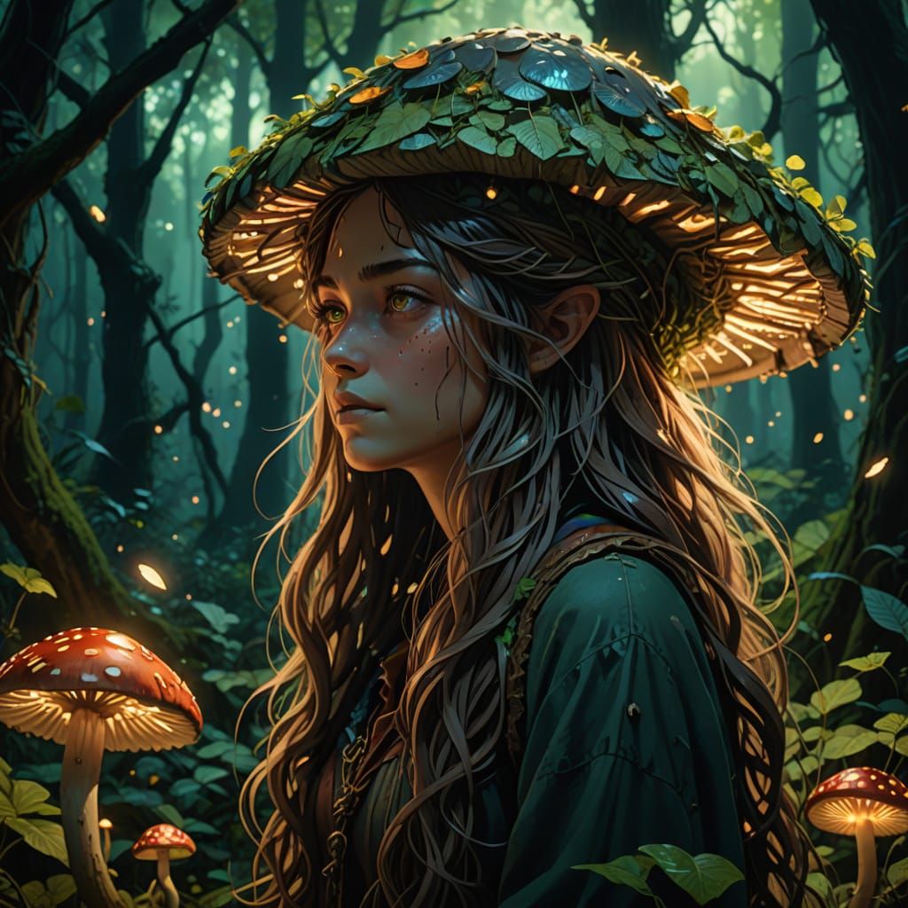 Mystical Forest Spirit Illuminated by Bioluminescent Flora