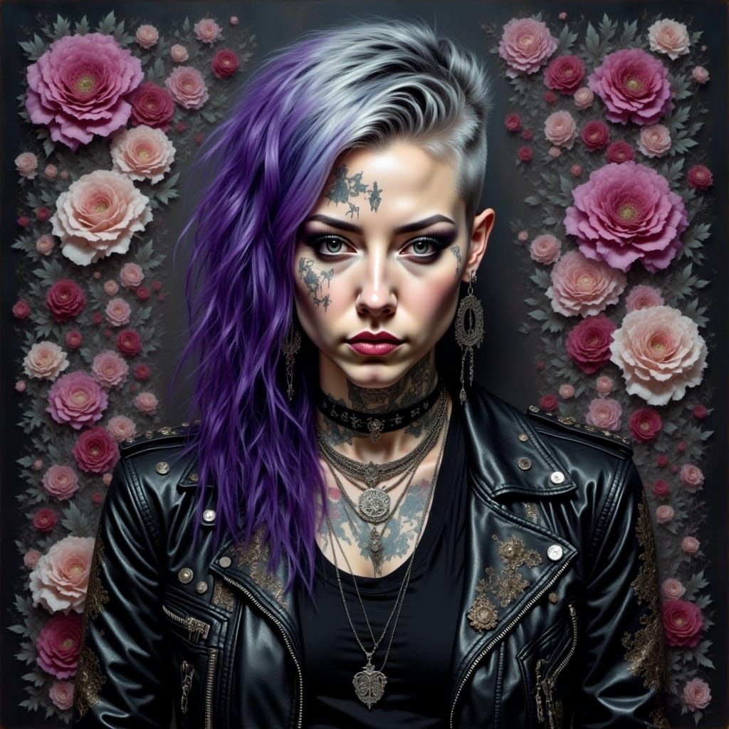 Punk Rock Woman with Floral Maximalist Background