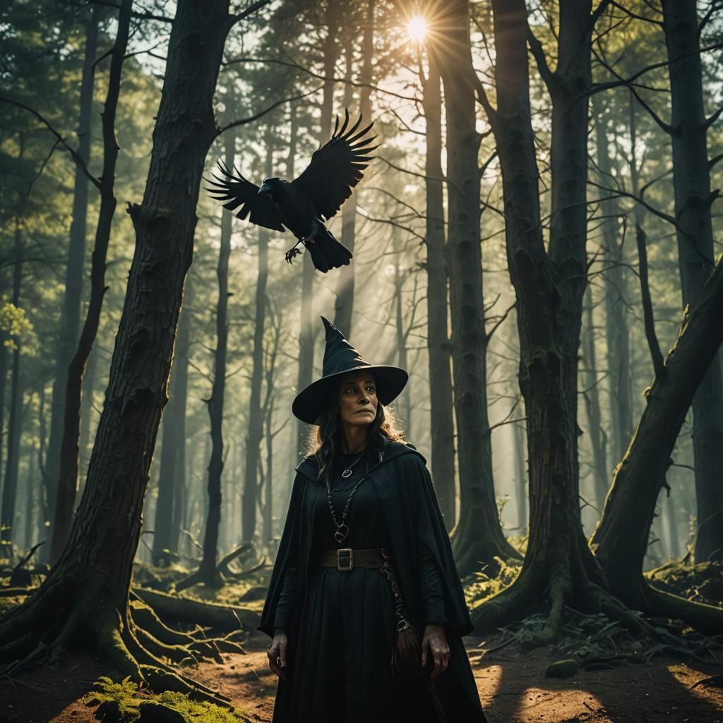 Witch and Raven in Forest: Cinematic Film Still