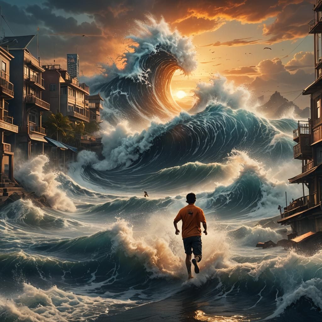 Coastal City Tsunami Escape in Matte Painting Style