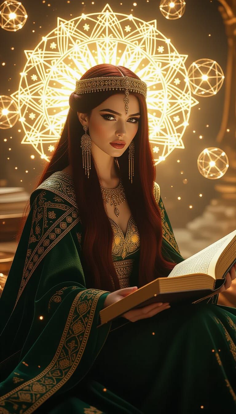 Mystical Woman with Golden Headdress in Dreamlike Setting