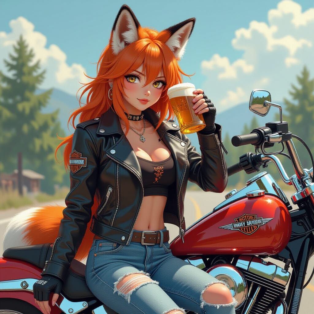 Anime Fox Girl Biker in Photorealistic Style
