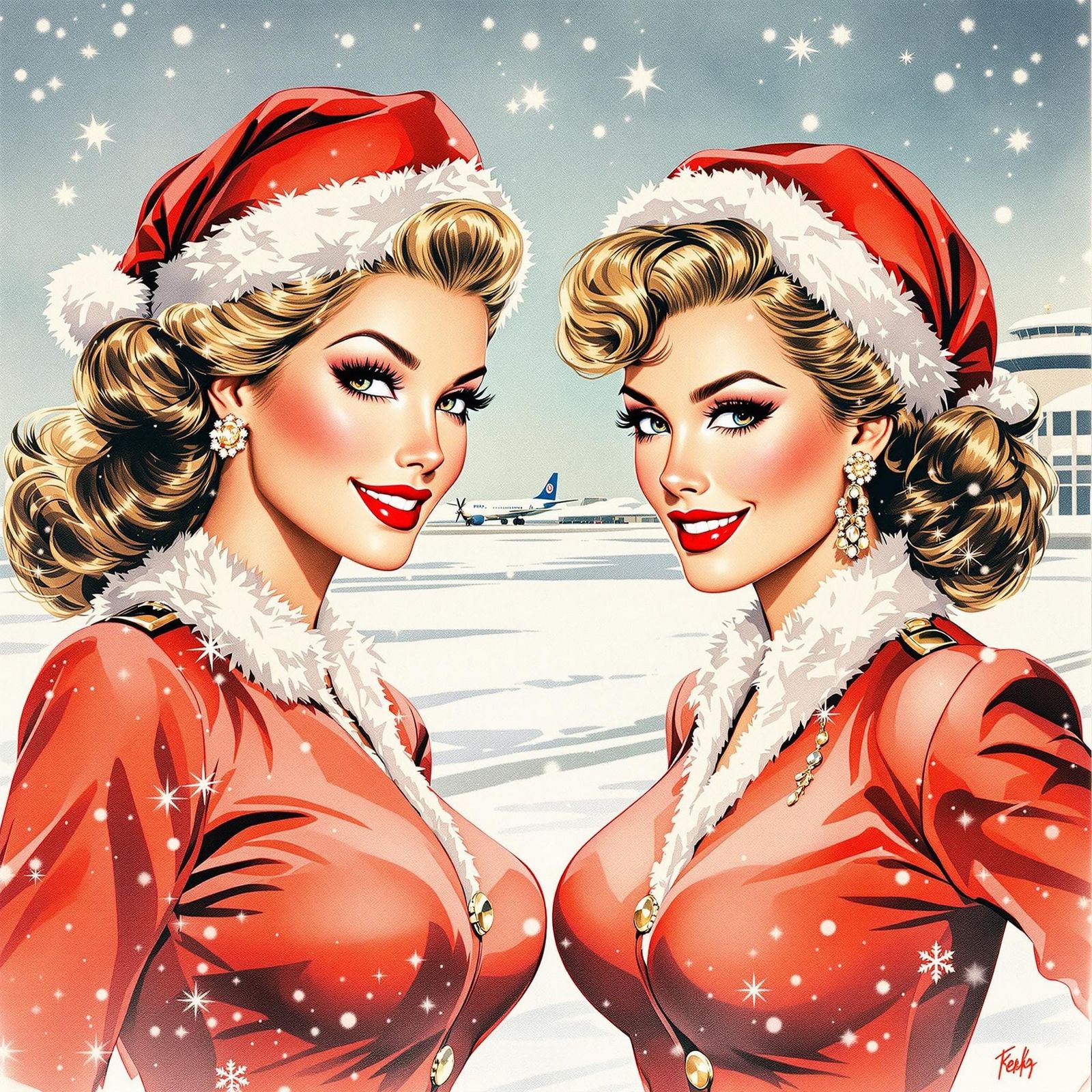Glamorous Hostesses Welcome Santa in Festive Comic Book Styl...