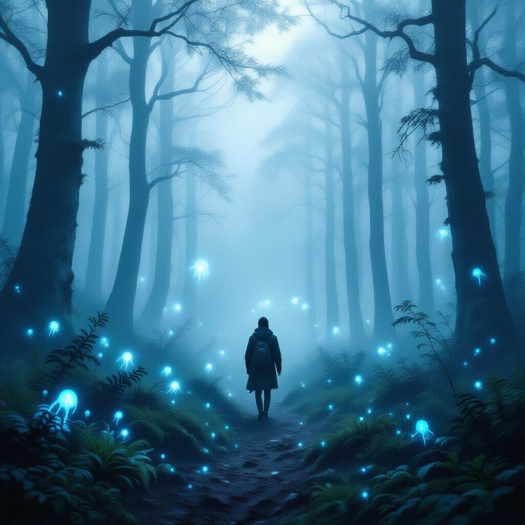 Dreamwalker's Forest: Traveler in Foggy, Luminous Mist