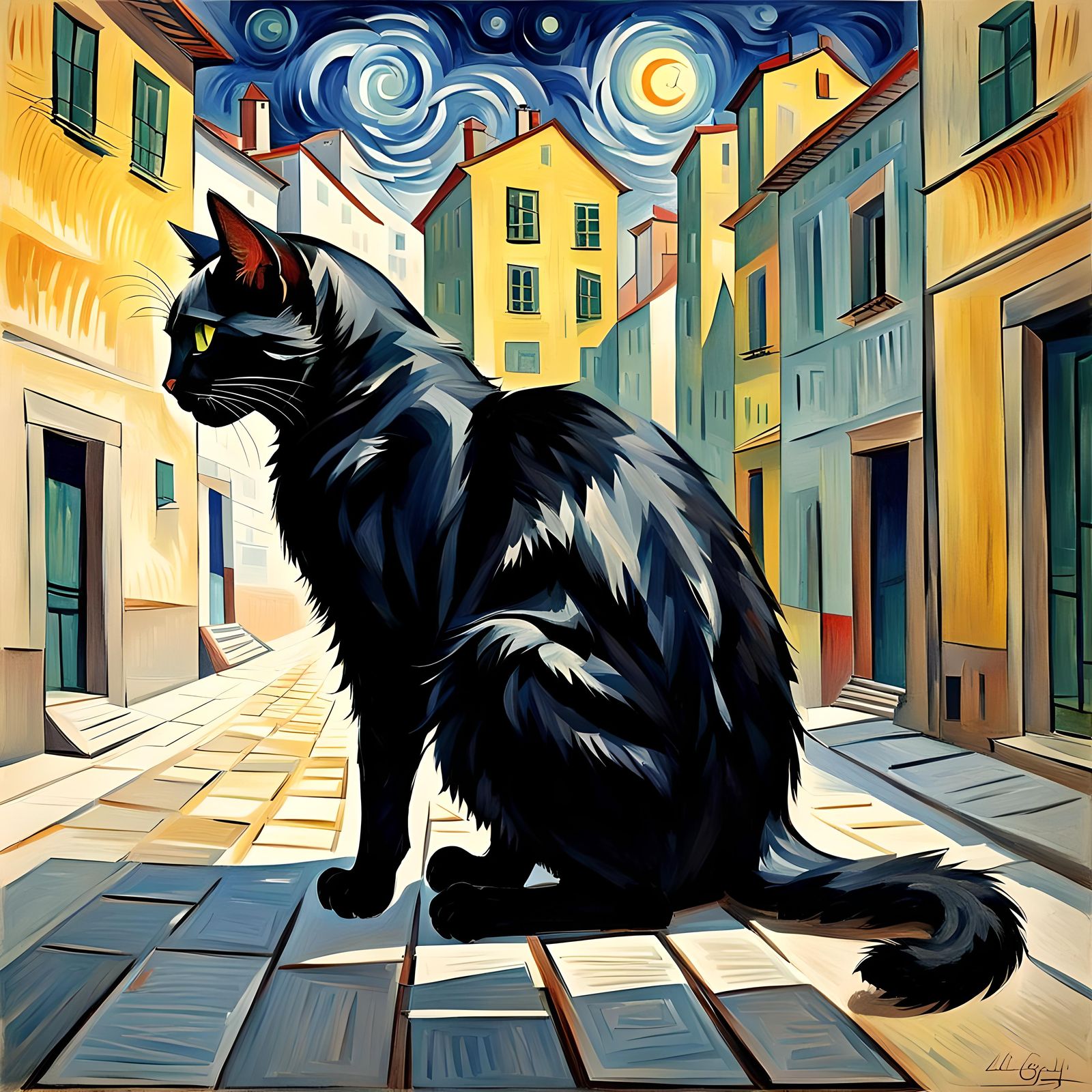 Black Cat in Alley, Cubist Abstract Style