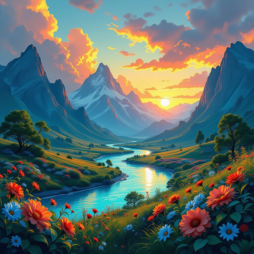 Fantasy Sunset Landscape with Turquoise Mountains & Blue Riv...
