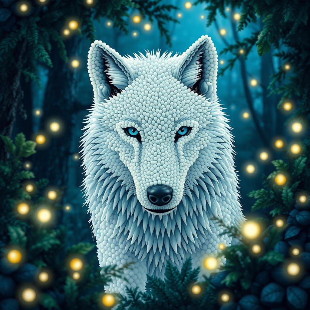 Mystical Beadwork: White Wolf in Forest, 3D Anime Art
