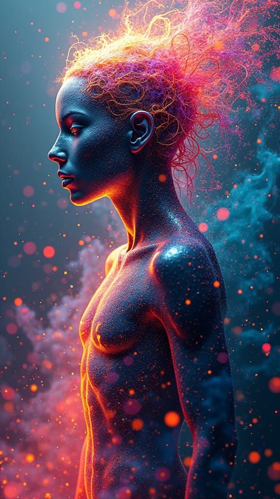 Humanoid Figure Emerges from Digital Graffiti Landscape