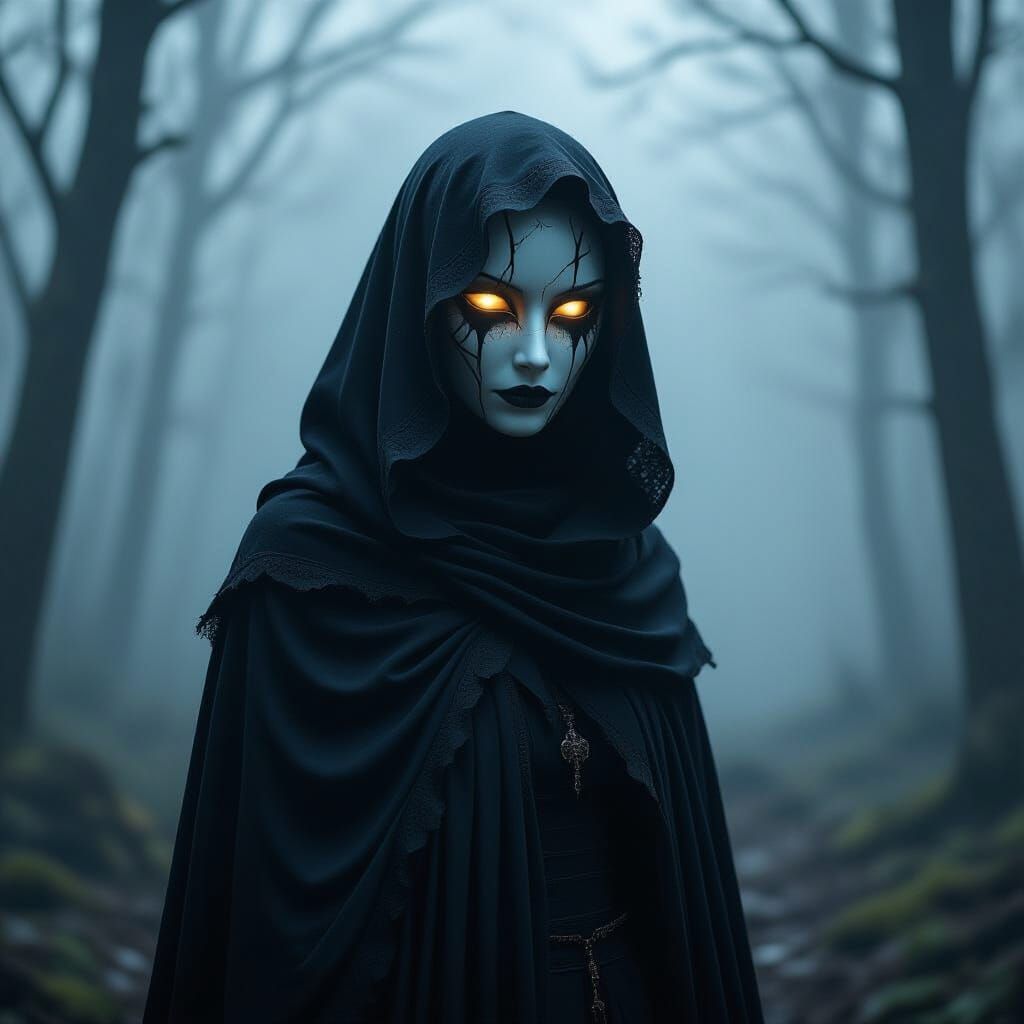 Lone Witch in Misty Forest with Starlight Body