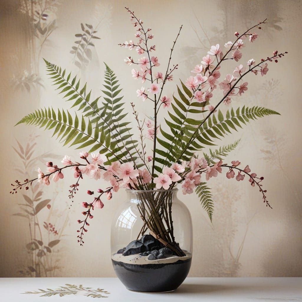 Ikebana Arrangement in Japanese Ink Painting Style