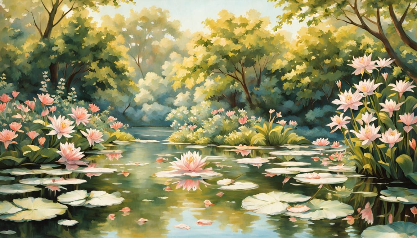 Surreal Garden Scene with Majestic Tree and Luminous Pond