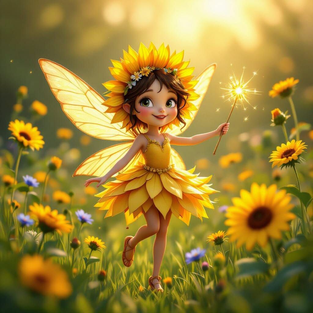 Golden Sunflower Fairy in Whimsical 3D Cartoon Style